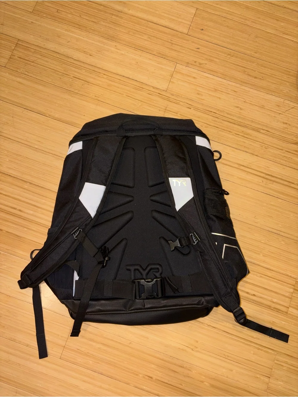 TYR Black and White Sports Backpack with Reflective Logo